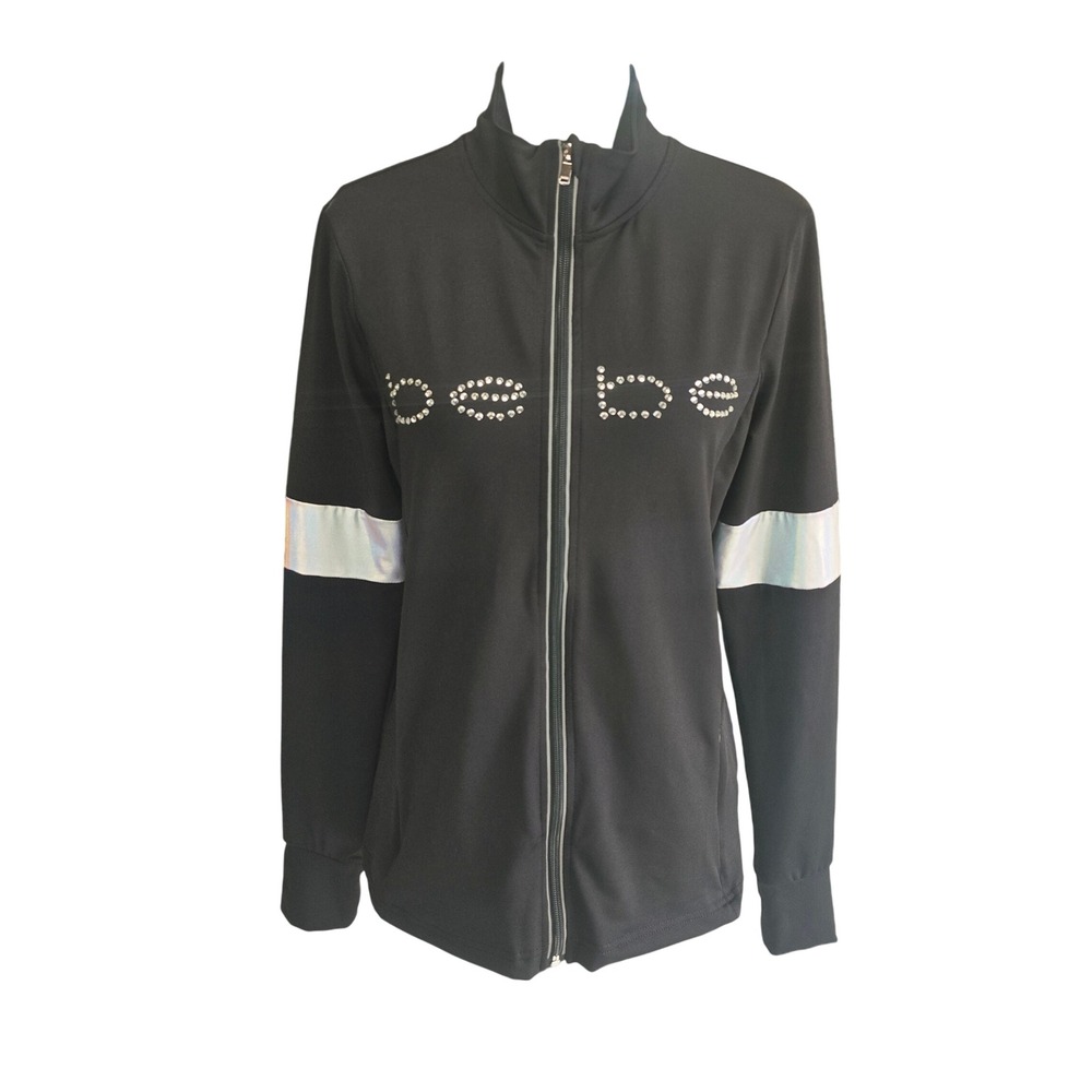 Bebe Sport -910 Black Rhinestone Logo Track Jacket Zip‎ Up Women's Size M